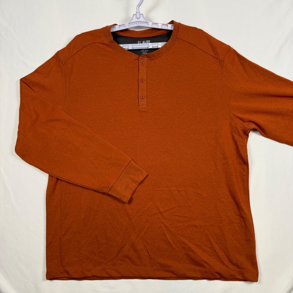 01.Algo Performance Mens XXL Rust Orange Long Sleeve Henley Shirt UV Quick Dry